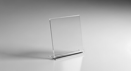 Clear acrylic display stand for promotional material, menus, or signs, presented on a subtle grey background with reflections