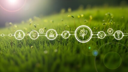 Hologram technology concept on green grass stock background with futuristic elements