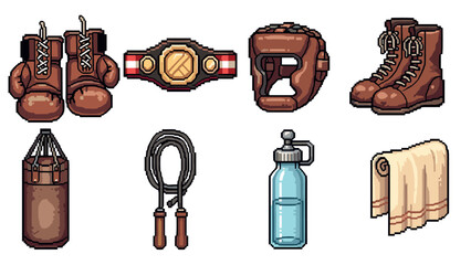 Pixel art boxing gear collection with gloves, belt, and equipment