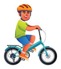 Happy boy wearing safety helmet while riding bicycle on white background. Vector cartoon character illustration