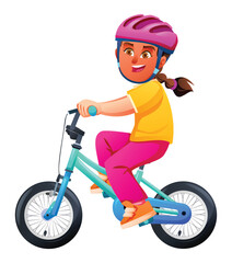 Little girl wearing safety helmet riding bicycle for healthy outdoor exercise. Vector cartoon character illustration