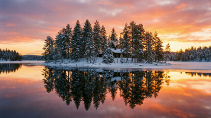 Snowy pine island reflected in calm lake at sunset.