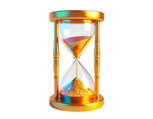 A gleaming golden hourglass with sand flowing through a clear center