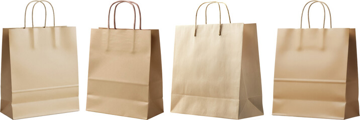 a studio photograph showcasing a collection of various brown paper shopping bags with handles,...