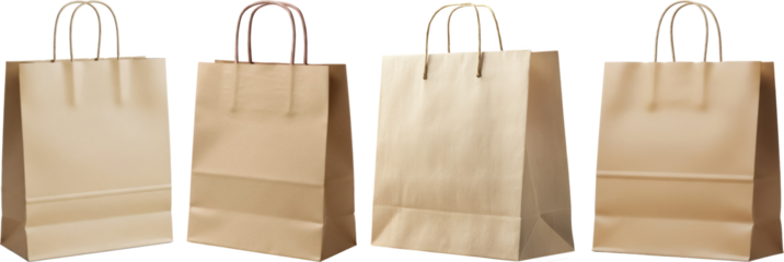 a studio photograph showcasing a collection of various brown paper shopping bags with handles, ready for branding.