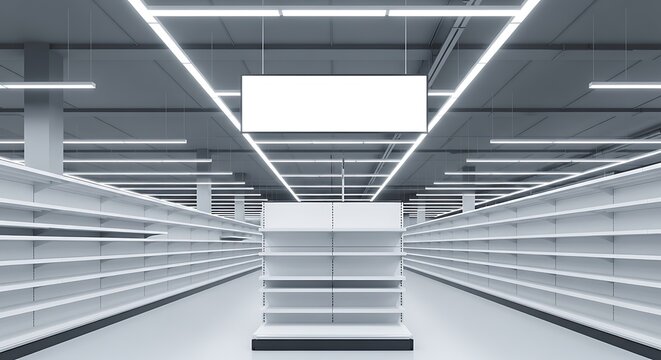 Bright, modern empty supermarket interior with pristine white shelves and a large blank sign, ready for product display and branding