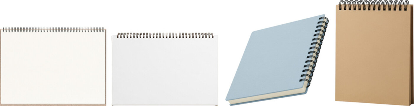 a collection of blank spiral-bound sketchbooks, various colors and positions, isolated on a white background for creative and educational projects.