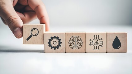 Hologram technology concept with hand holding magnifying glass block on stock background