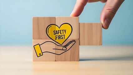 Safety first hologram background stock illustration with heart and hand