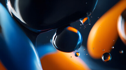 Colorful droplets and shapes interact in a close-up view in a dark setting during a creative art study