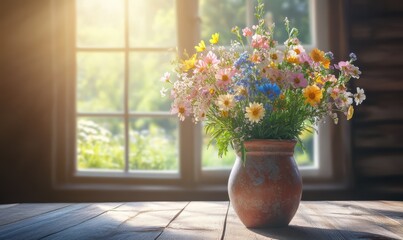 Vibrant bouquet of wildflowers placed in a rustic ceramic vase on a wooden table, with sunlight streaming through nearby windows