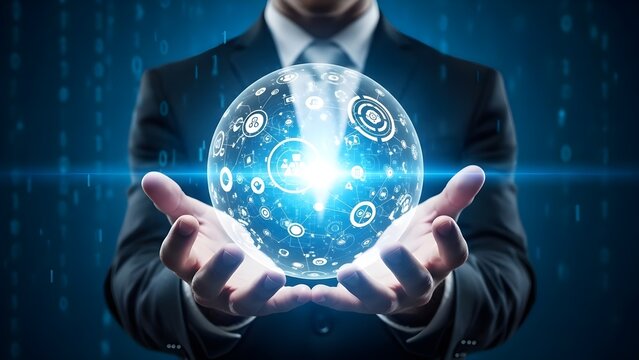 Hologram technology concept with businessman holding glowing blue orb with futuristic stock background - Powered by Adobe