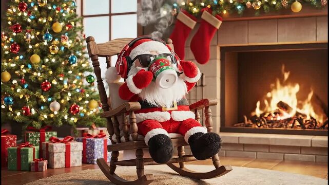 Adorable plush toy santa claus drinking a warm mug of cocoa, steam rising gently, nearest with fireplace and presents, festive holiday charm, cheerful Christmas animation style in crisp