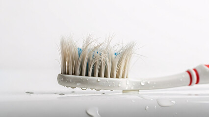 Worn Toothbrush with Droplets: A close-up captures a worn toothbrush with water droplets, highlighting the essential routines of oral hygiene