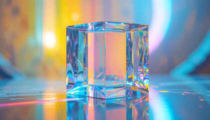 Iridescent Glass Cube With Colorful Light Reflections