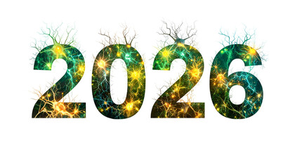 Digit year composed of neuron-like patterns, edged in plant-like forms