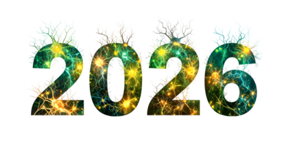 Digit year composed of neuron-like patterns, edged in plant-like forms