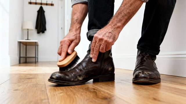 A man polishes a brown leather boot with a cloth in a bright hallway. A coat hangs on the wall, and wooden flooring is visible.