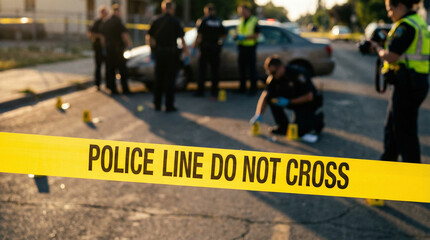 Fototapeta premium Police tape in sharp focus at dusk crime scene with blurred response.