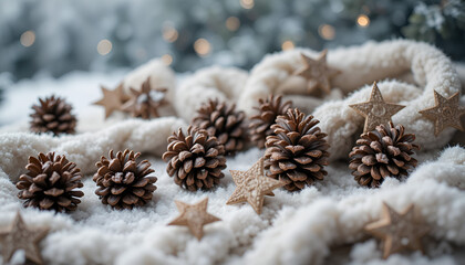 Winter Pine Cones Covered With Snow in Soft Natural Light