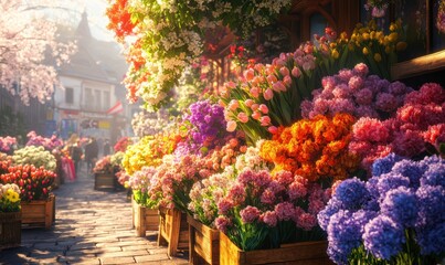 Vibrant display of fresh flowers in a charming market setting, soft morning light enhancing the colors and textures of the blooms, capturing the essence of spring,