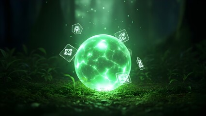 Hologram projection digital background with glowing green light and futuristic elements