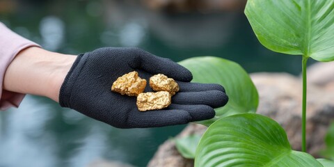 close-up of a black-gloved hand holding gold nuggets. the gold is shiny and glittering in nature.