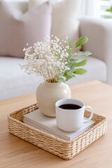cozy coffee table with a wicker tray, soft and neutral tones, a cottagecore aesthetic, living room setting, natural wood flooring
