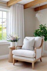 cozy single sofa with white pillow, a crystal chandelier in front of the window with light oak flooring and beams