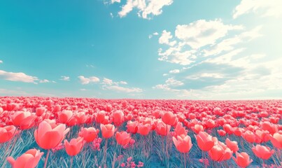 Vibrant field of tulips stretching to the horizon under a bright blue sky, their bold pink and red hues glowing in the warm morning light