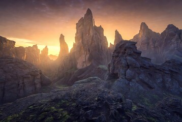 Mystical rugged mountain range with sharp peaks glowing under a golden hour sky