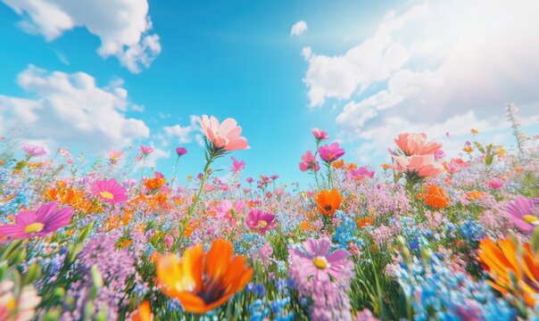 Vibrant field of wildflowers blooming under a bright blue sky, their colors ranging from vivid pinks to warm oranges, creating a cheerful and lively atmosphere - Powered by Adobe