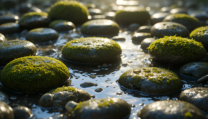Green Moss Covered Stones in Flowing Forest Stream