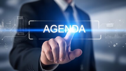 Hologram agenda concept with businessman on futuristic stock background