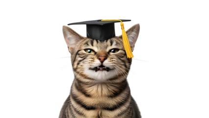 Funny tabby cat wearing a graduation cap for education and academic achievement concepts. isolated PNG with Transparent Background