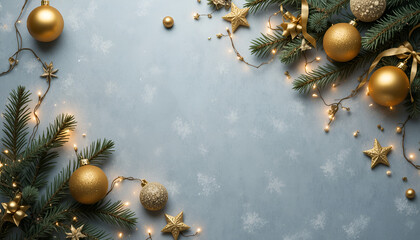 Golden Snowflakes Floating on Frosted Winter Background