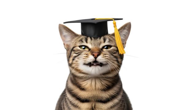 Funny tabby cat wearing a graduation cap for education and academic achievement concepts. isolated PNG with Transparent Background - Powered by Adobe