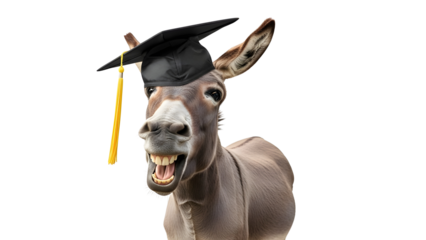 Funny grinning donkey wearing a graduation cap, representing student achievement or academic humor isolated PNG with Transparent Background