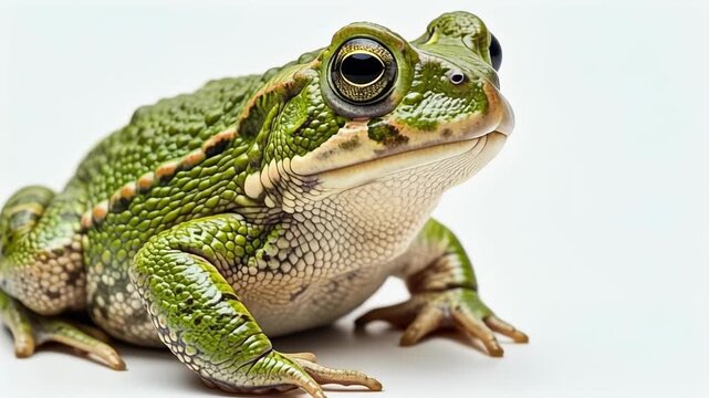 Close-up of a vibrant green toad with textured skin on a clean white background.