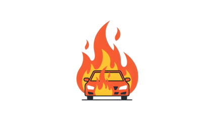 Vector illustration of a burning car engulfed in flames, symbolizing danger, accident, and insurance loss. isolated PNG with Transparent Background