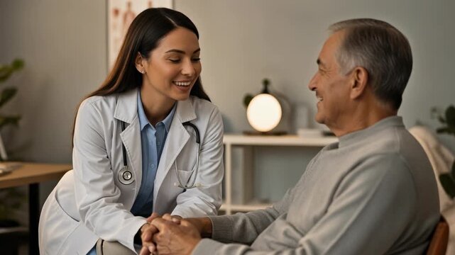 Doctor consults with elderly patient in medical office setting.