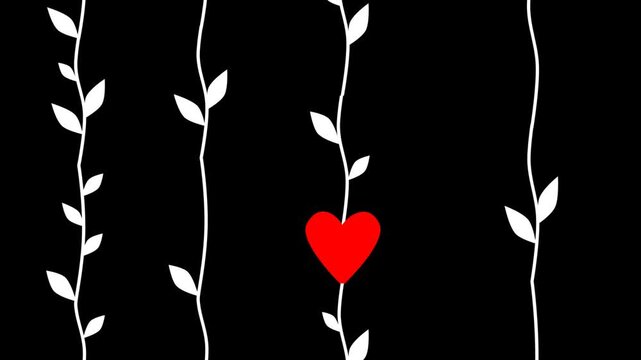 Animated growing white vines with red heart on black background loop.