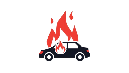 Car fire icon, vehicle burning in flames, auto accident insurance vector graphic on white background