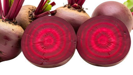 Fresh raw red beetroots cut in half showing internal concentric rings on white background
