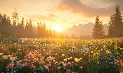 Vibrant meadow with wildflowers blooming under a golden sunrise, soft light illuminating the colors and creating a serene landscape,