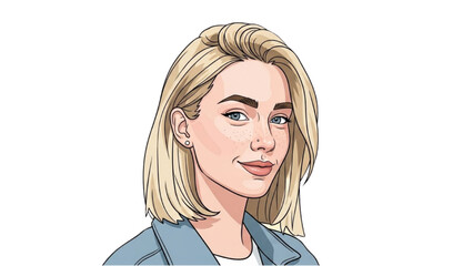 A young woman with blonde hair and blue jacket is portrayed in a simple illustration style.