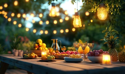 Vibrant outdoor dining setup with a wooden table, fresh fruit platters, and glowing lanterns, soft evening light creating a cozy and lively atmosphere, perfect for garden parties,
