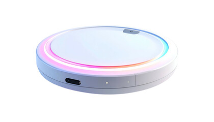 Small, white disc with a colored light ring and port, on black background