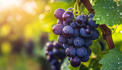 Naklejka premium Ripe dark grapes covered in snow hang from a vine. Green leaves with frost are visible. Soft light and falling snow create a dreamy bokeh effect