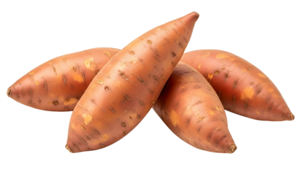 Fresh raw sweet potatoes isolated on white background ready for cooking and health marketing use